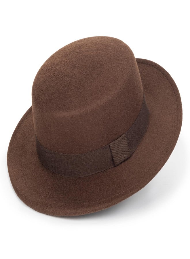 Mawjom Wide-Brim-Felt-Panama-Fedora-Hat with Flat-Top-Pork-Pie Cap for Women Men (Size:M) Coffee - Image 1